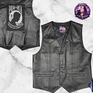 Leather USA Biker Vest Mens L Black Genuine Leather POW MIA Patch‎ Patriotic NWT